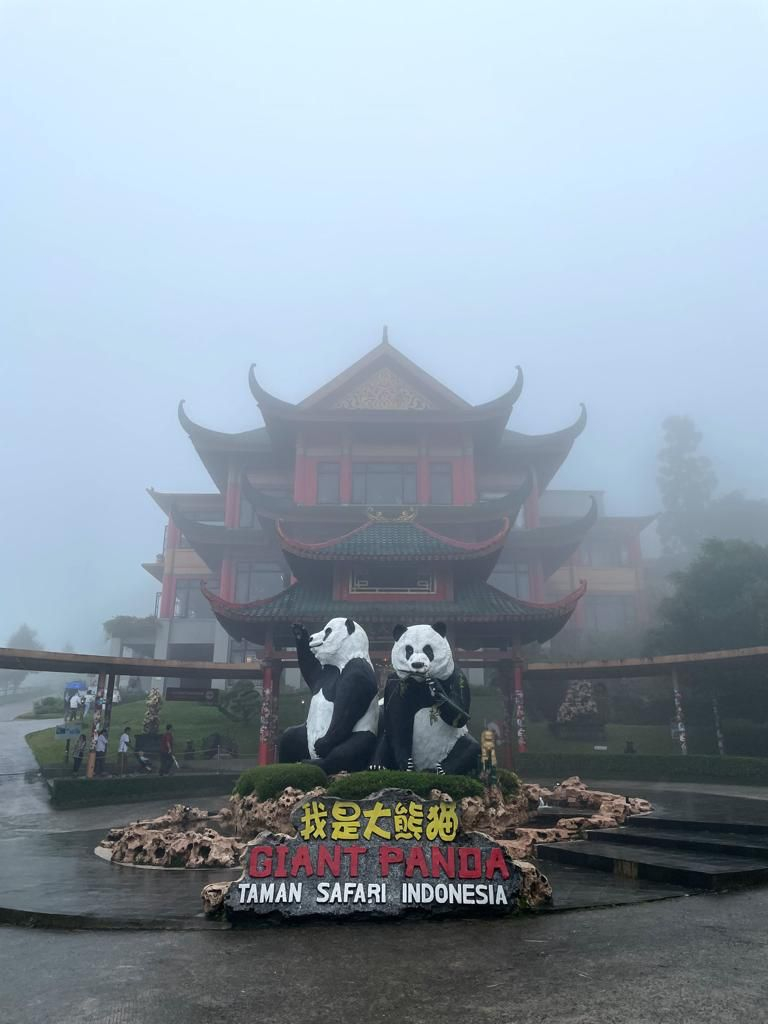 Suasana Istana Panda Taman Safari Bogor saat kabut Gunung Gede Pangrango turun. (*)